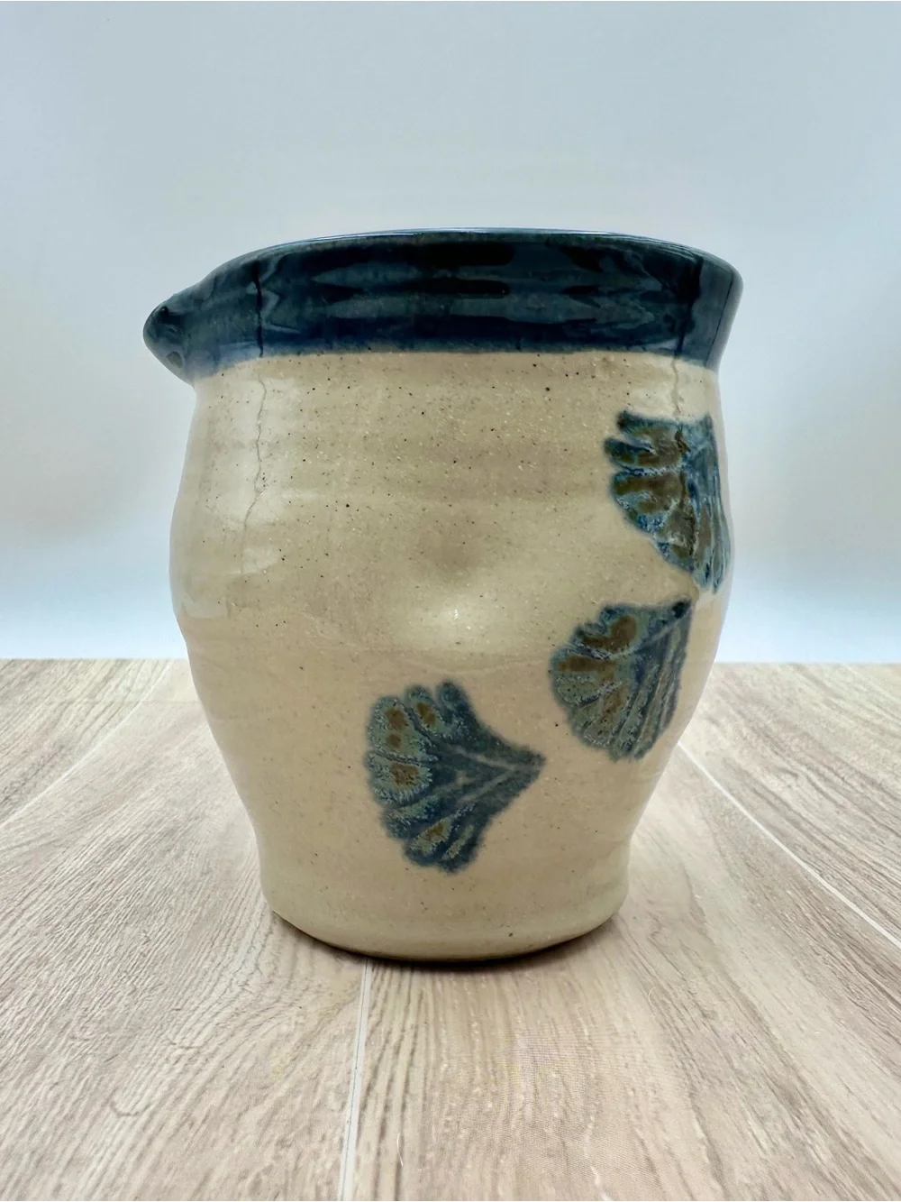 Vintage Blue & Beige Salt Glazed Creamer Handmade Stoneware Pottery Signed